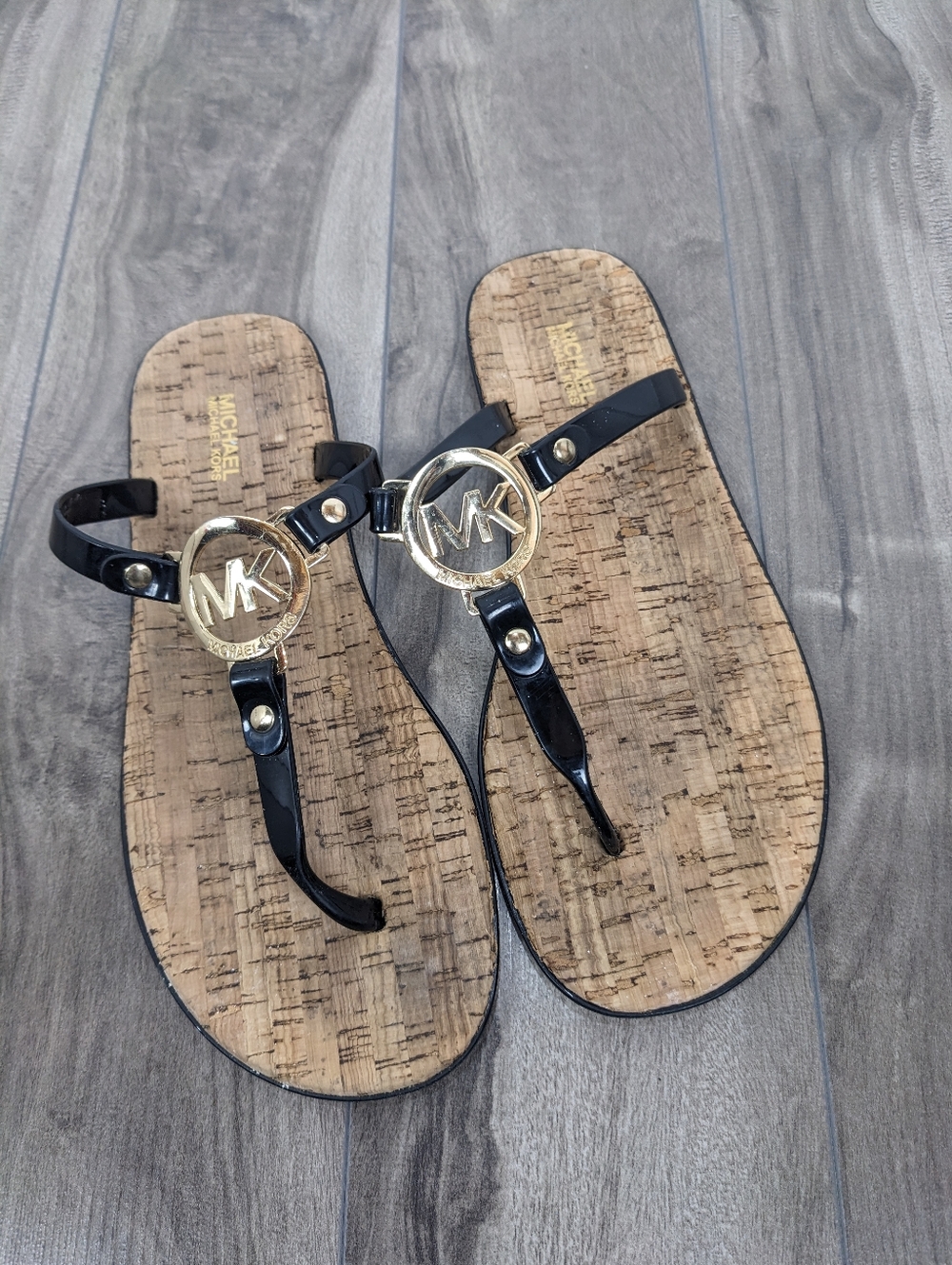 Michael Kors Women's Cork Sandals Flipflops Black Gold Size 8